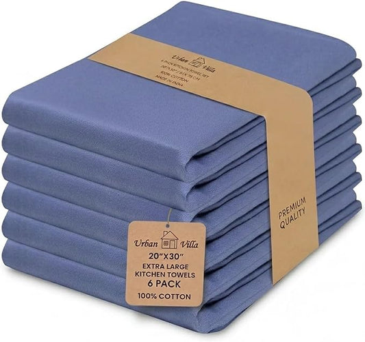 Urban Villa Kitchen Towels 100% Cotton Dish Towels for Kitchen(Set of 6) 20”x30” Dish Cloths Highly Absorbent Kitchen Linen Set with Hanging Loop Perfect for Drying Dishes Cleaning Hand Towels - Blue