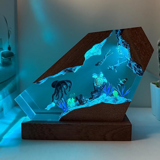 Octopus Ocean Resin Lamp, Handcrafted RGB Ocean Lamp with Wooden Base,Octopus Decor for Bedroom, Scuba Diving Gifts for Him & Her, Unique Birthday & Holiday Gifts for Women (M 8"X5")