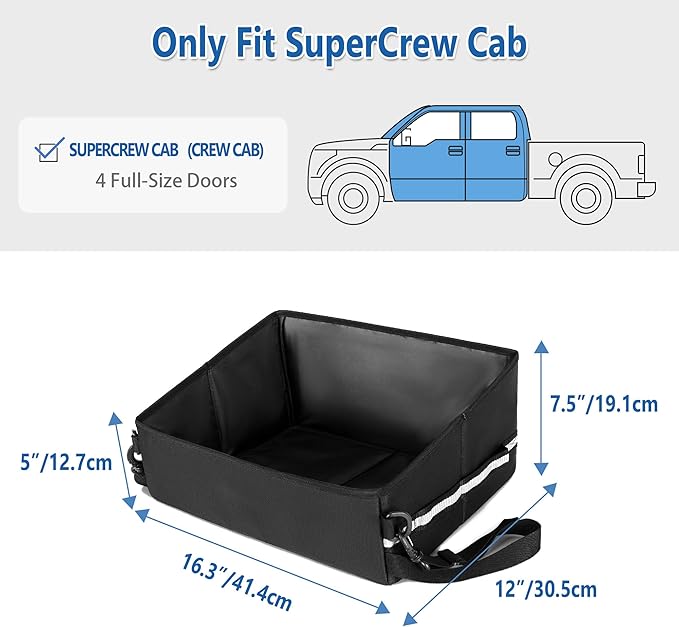 GRAOSO Under Seat Storage Fit for SuperCrew Cab, Foldable Truck Organizers and Storage Box Under Rear Seat For Single Seat with Removable Bottom Plate, 2 Side Handles and Hook Snap Fix Strap, Black