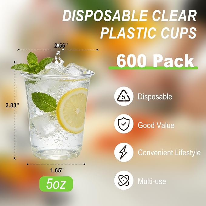 BYSNOW 600 Pack 5 oz Plastic Cups, Bathroom Cups Disposable 5 oz, 5 Ounce Clear Mouthwash Cup for Picnic, Travel, Halloween, Christmas