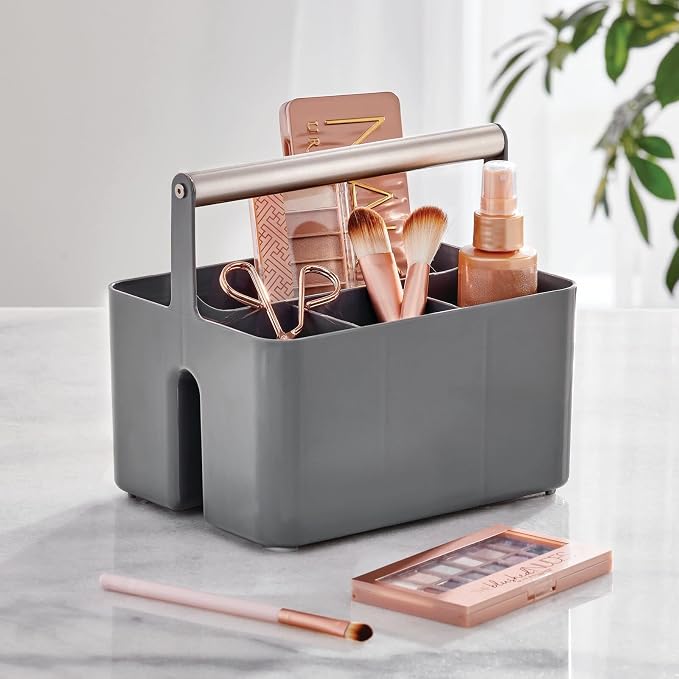 mDesign Plastic Shower Caddy Storage Organizer Utility Tote, Divided Basket Bin - Metal Handle for Bathroom, Dorm, Kitchen, Holds Soap, Shampoo, Conditioner - Aura Collection - Charcoal Gray/Satin