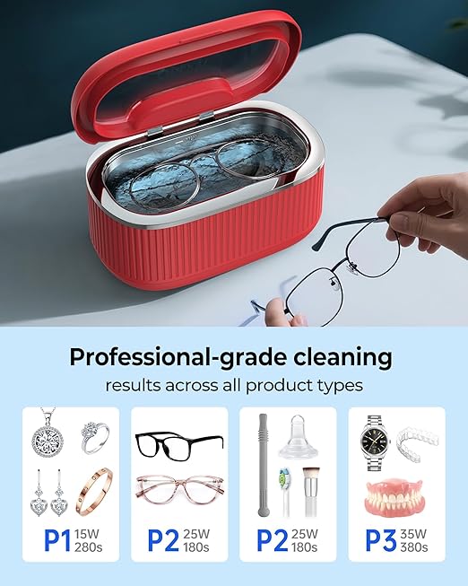 45KHz Ultrasonic Jewelry Cleaner, 5 Timer & 3 Power Modes, 35W Retainer Cleaner for Jewelry, Eyeglasses, Rings, Watch Strap, Dentures - Quiet <38dB, 20oz, 304 Stainless Steel (Red)