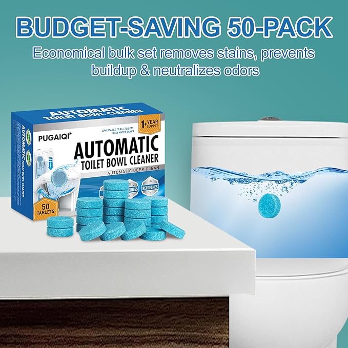 Automatic Toilet Bowl Cleaner Tablets,Blue toilet seat , Descale & Deodorize, Septic-Safe, Continuous Cleaning, Fresh Scent, Drop-In Tank Cleaner effective to use Works with Toilets 50 Pack-Permanence