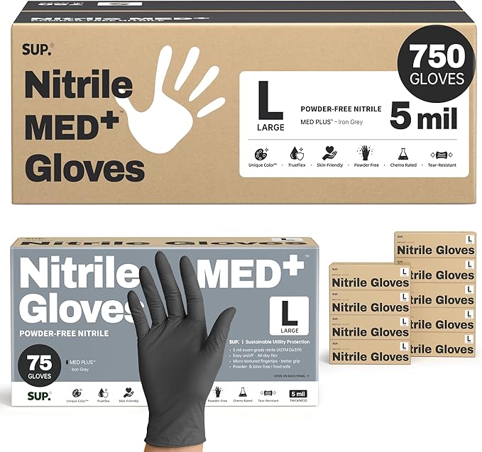 SUP Disposable Nitrile Exam Gloves, 5 Mil Powder-Free Latex-Free Food Safe for Medical Cooking Prep Cleaning, Black 750 Count