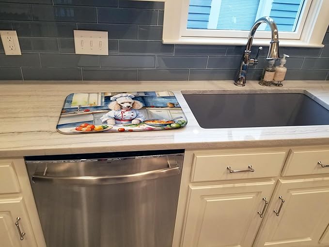 Caroline's Treasures DAC6307DDM White Poodle The Chef Dish Drying Mat Absorbent Dish Drying Mat Pad for Kitchen Counter Dish Drainer Mat for Countertop, 14 x 21", Multicolor