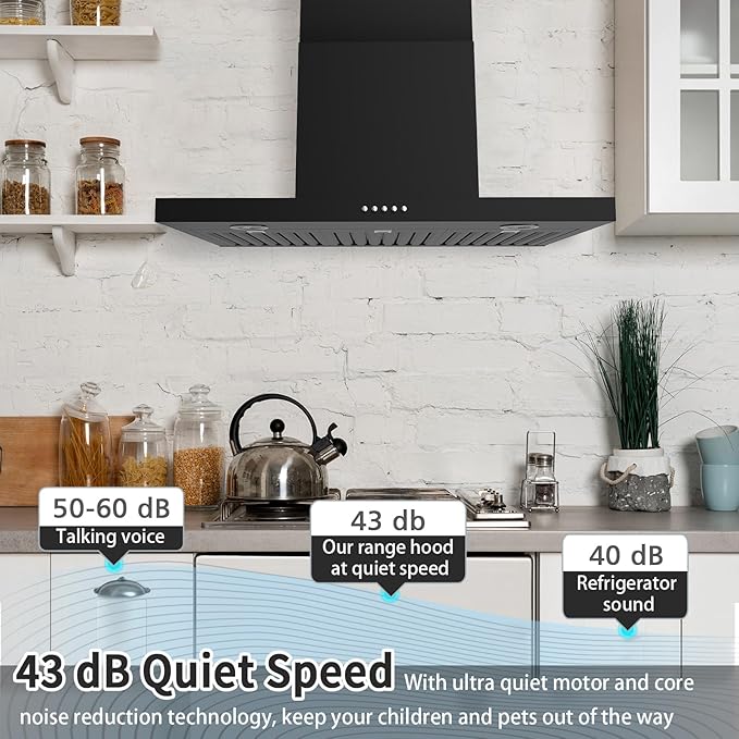 ONEEON 30" Range Hood - 650 CFM Wall Mount Kitchen Exhaust with 3 Speed Fan, LED Lights, Push Button, Ultra-thin Body, Chimney Style Stove Vent Hood & Ducted Exhaust Vent, Black