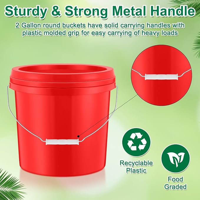 Tioncy 24 Pcs 2 Gallon Plastic Bucket with Lid Heavy Duty 2 Gallon Bucket Pail with Lid Handle for Storage Container Home Household Cleaning (Red)
