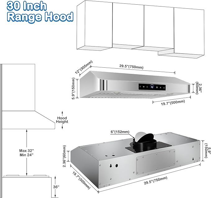 30 inch Under Cabinet Range Hood 1200 CFM with 4-Speed Gesture Sensing & Touch Control, Stainless Steel Kitchen Stove Vent Hoods with 2 LED Lights, Time Setting, Dishwasher-Safe Baffle Filters
