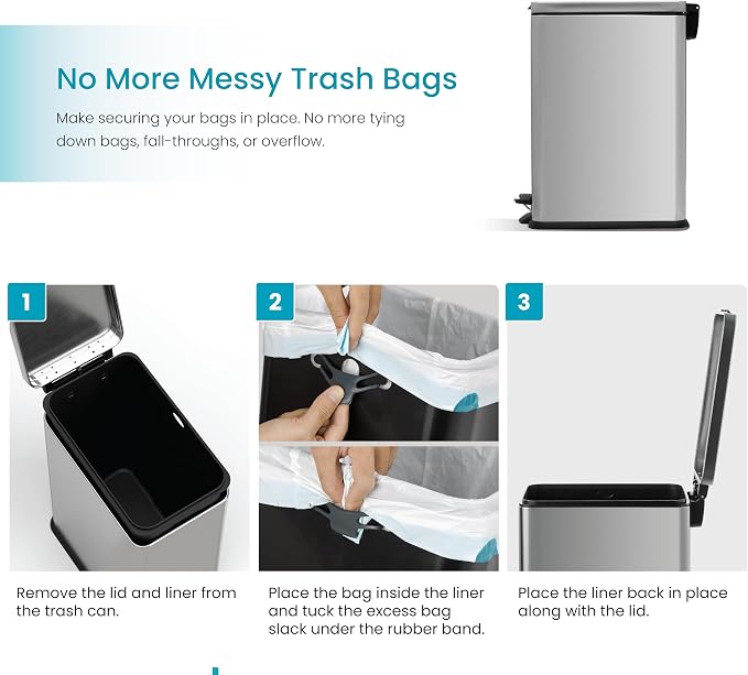 Home Zone Living 4 Gallon Stainless Steel Slim Kitchen Trash Can | Stainless Steel with Soft-Close Step Pedal Lid, Bag Tuck Band for Easier Bag Changes, Rectangular Shape, Silver