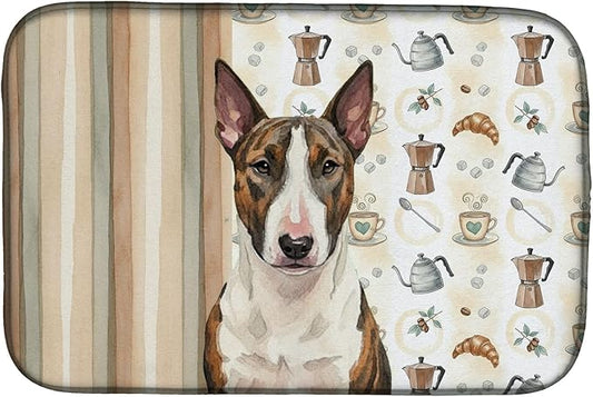 Caroline's Treasures Brindle and White Bull Terrier Coffee Bar Dish Drying Mat Absorbent Dish Drying Mat Pad for Kitchen Counter Dish Drainer Mat for Countertop, 14 x 21", Multicolor