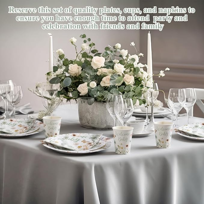 Pickmesh 250 Pcs Sage Green Floral Baby Shower Party Supplies Decorations Serve 50 Wildflower Welcome Baby Disposable Paper Plates Napkins and Cups for Birthday Babies Boy Shower Gender Reveal Party