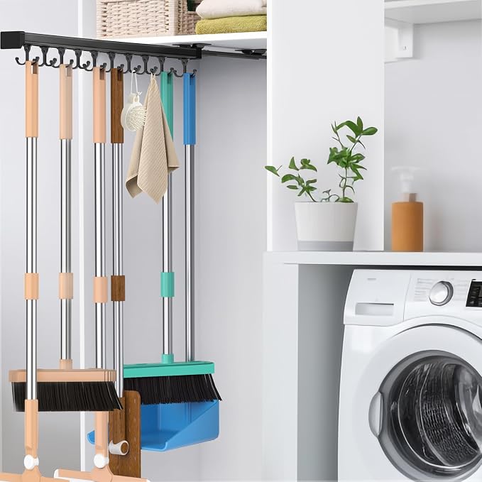 Pull Out Broom Holder With Adjustable Double Row Sliding Hook, Multifunctional Slide Broom And Mop Storage/Organizer Garage Organization Hooks, for Closet Laundry Garage - 56cm/22in