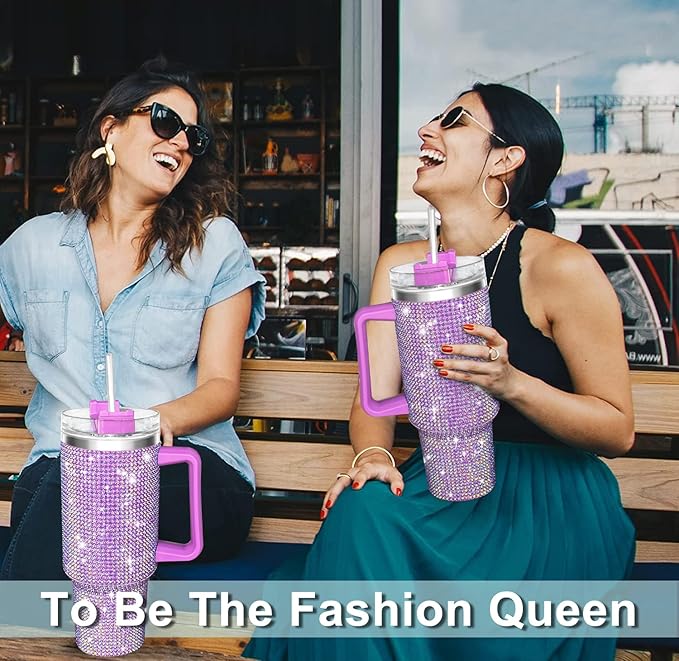 HWISDMIG 40oz Tumbler with Handle-Glitter Rhinestones Tumbler Bling Cups Stainless Steel Water Bottle Diamond Studded Tumbler for Women-Birthday Gifts for Women, Mom, Wife, Girlfriend (40 oz,Lilac)