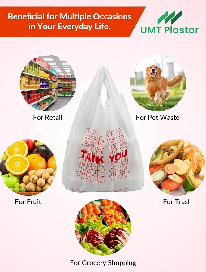 UMT Plastar 1000 Count White Thank You Plastic T-Shirt Bags with Handles, 10.5" x 5.5" x 17.5" (1/8 Size), 14 Mic Grocery Bags for Retail, Shopping, Takeout, Convenience Stores & Small Trash Bags