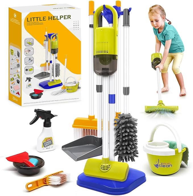 Dreamon Toddler Cleaning Set - 14Pcs Kids Cleaning Toy Set with 2-in-1 Kids Vacuum that Really Works, Pretend Home Cleaning Play Set for Toddler Age 3-7, Christmas Birthday Gift for Girls Boys（Blue）
