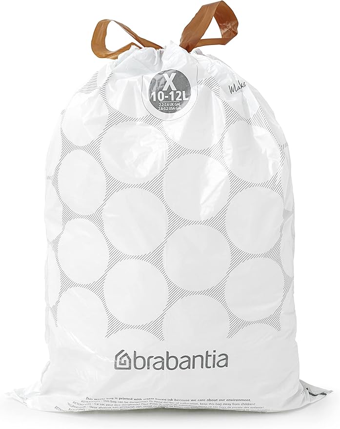 Brabantia PerfectFit Trash Bags (Size X/2.6-3.2 Gal) Thick Plastic Trash Can Liners with Drawstring Handles (200 Bags)
