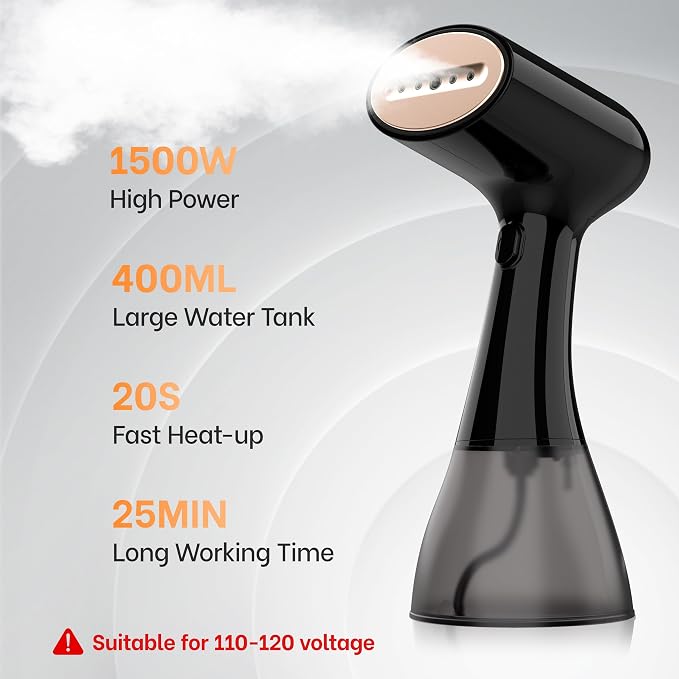GS01 Handheld Clothes Steamer, 400ml Large Water Tank 1500W Fast Heat Up Portable Travel Wrinkle Remover