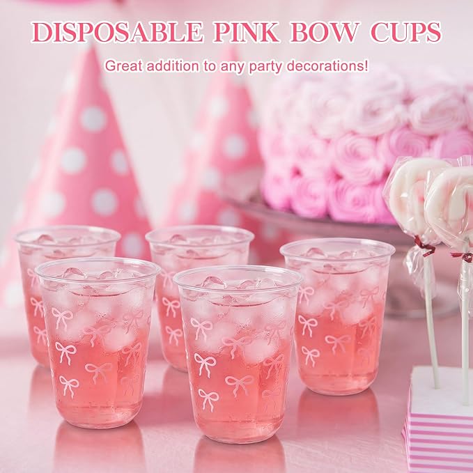 Ziliny 50 Pcs 16oz Pink Wavy Bow Cups Birthday Party Decorations Supplies Disposable Plastic Cups for Bachelorette Party Valentines Galentines Day Christmas Wedding Baby Shower