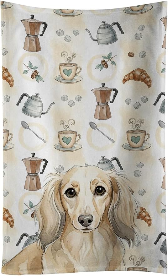 Caroline's Treasures Longhaired Cream Dachshund Coffee Bar Kitchen Towel Velour Plush Front and Cotton Loop Back Machine Washable