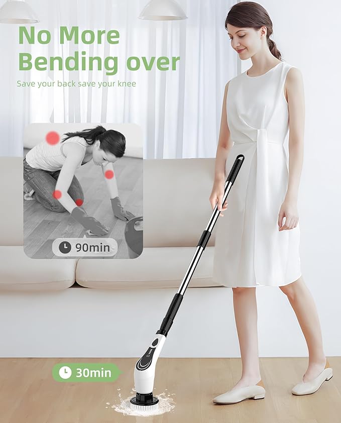 Electric Spin Scrubber, Cordless Power Scrubber with 8 Replaceable Brush Heads, 2-Speed Adjustable Handle, IPX7 Waterproof Shower Scrubber for Bathroom, Tile, Tub, Teens, White-qe1