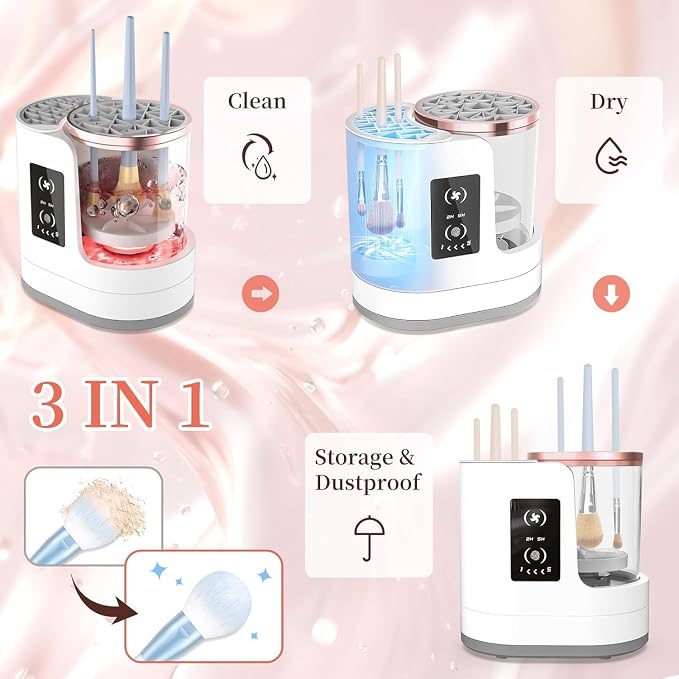 3 in 1 Electric Makeup Brush Cleaner & Dryer Automatic USB Cosmetic Brush Cleaner with Holder, Portable USB Deep Cleaning for All Size Beauty Makeup Brush Set,Blush Brush,Sponges