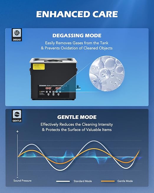 CREWORKS 10L Digital Ultrasonic Cleaning Machine with Degas and Gentle Mode, 240W Ultrasonic Cleaner Machine with Heater and Timer, 2.6 gal Ultrasound Cleaner for Retainer Watch Auto Tool Machine Part