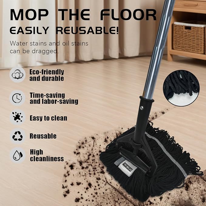 Commercial Cotton Mop Heavy-Duty Industrial with 2 Replacement Heads 152 cm Handle Replacement mop Head (Black)