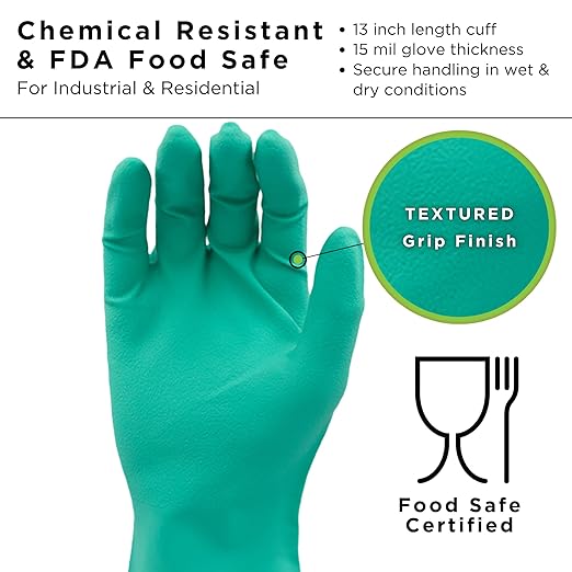 SHOWA 727 Chemical Resistant Gloves, 15-mil Unsupported Nitrile, 13-inch Extended Gauntlet, Bisque Grip, CE Cat III & Food Safe, Latex-Free, Green, Small, 12-Pack