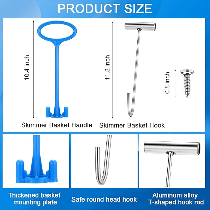 2 Pcs Pool Skimmer Basket with 1 Skimmer Handle and 1 Basket Hook Kit Compatible with Sp1082ca B-152 Automatic Skimmers, Compatible Sp1082 Sp1083 Sp1084 1085 1086 Sp1075 1075t(Blue)