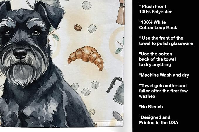 Caroline's Treasures Black Miniature Schnauzer Coffee Bar Kitchen Towel Velour Plush Front and Cotton Loop Back Machine Washable