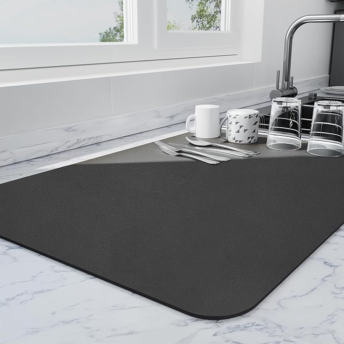 Ecotrim - Dish Drying Mat for Kitchen Counter | Coffee Bar Mat for Countertops | Heat Resistant Drainer Mat with Non-slip Rubber Backed | Hide Stain Kitchen Absorbent Draining Mat | Black 18"x28"
