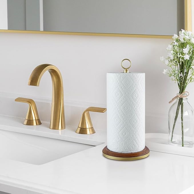 MyGift Premium Acacia Solid Wood Countertop Paper Towel Roll Dispenser Stand with Brass Tone Metal Spindle and Top Carrying Ring, Table Standing Holder for Disposable Kitchen Towels
