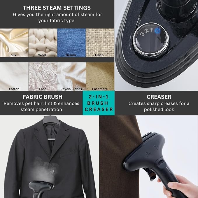 True & Tidy Heavy Duty Commercial Full Size Standing Garment Steamer for Clothes with Extra Large 3L (101 oz) Water Tank for 90+ mins of Steam Time, 1800 watts of Powerful Steam, 3 Settings, White