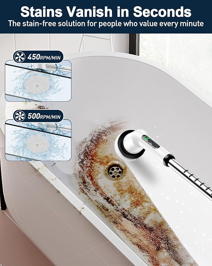 Electric Spin Scrubber for Cleaning Bathroom, Shower Scrubber Cordless Cleaning Brush with IPX7 Waterproof & 2 Speed, 8 in 1 Cleaning Brush Cleaning Supplies for Shower Tub Kitchen Tile Toilet White