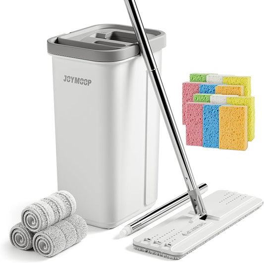 JOYMOOP Hands-Free Mop and Bucket with Wringer Set with Colorful Compressed Sponges, Househould Cleaning Tool of Floor Mop and Cellulose Sponges