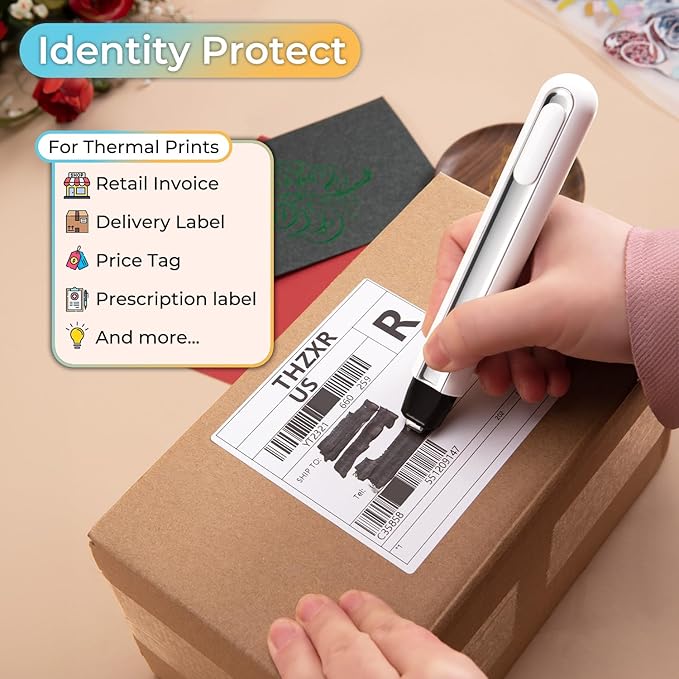 Identity Theft Protection Pen for Permanent Erasing Receipt, Shipping Label, or Any Thermal Prints - Multipurpose Use as Portable Food Bag Heat Sealer, Foil Quill, and Heat Press Pen. (Pure White)