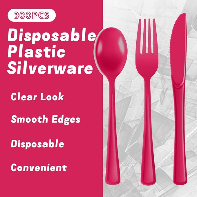 Plastic Silverware 300 PCS Disposable Silverware Heavy Duty Utensil Sets 100 Of Each Forks Knives & Spoons Disposable Cutlery Set For Easter,Birthday,Baby Shower,Garden Party,Wedding(300,Hot Pink)