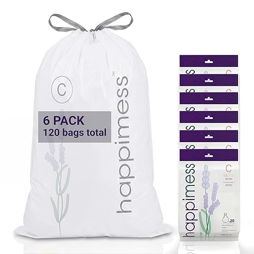 happimess 13.2 Gallon (50L) Drawstring Trash Bags, Lavender Scent, White, Heavy Duty MDPE Liners for Kitchen and Household, Odor Control, Custom Fit 120 Count (6 Packs of 20 Liners) HPM3101C-W-6SET