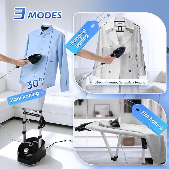 1950W Commercial Standing Garment Steamer for Clothes, 3-in-1 with Dry Ironing Mode, 3 Steam Levels, Rapid Heats in 25s for 80min Steam, 2L Tank, Self-Cleaning & Triple Safety Protection