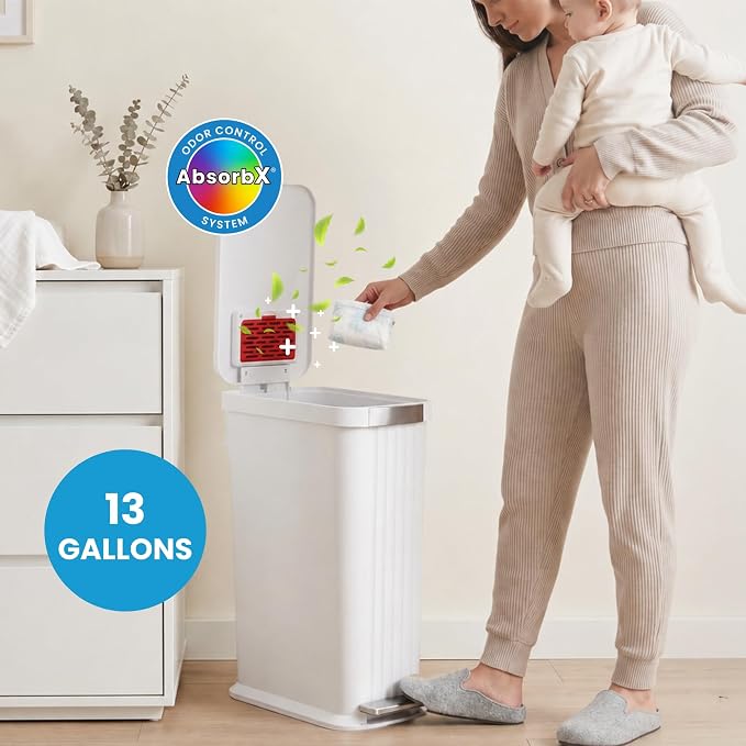 Patented 13 Gallon Step Diaper Pail, Fits Kitchen Bags, Odor Filter, 50L Baby Trash Can, 135 Diaper Capacity, No Refills Needed, for Nursery Diapers & Adult Incontinence Underwear, Matte White