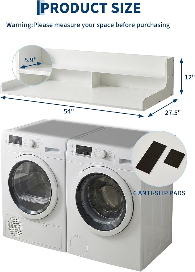 Takywep 2 Tiers Washer Dryer Countertop, 54" x 27.5" Washer Dryer Topper with Edge, Washer and Dryer Laundry Topper with Anti-Slip Pads & Anti-Vibration Mat, White