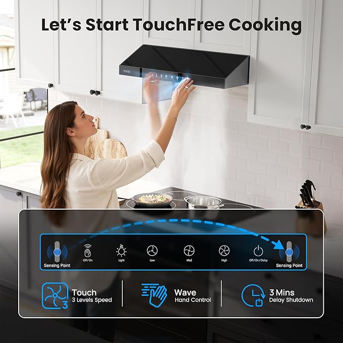 VIKIO HOME 30 Inch Under Cabinet Range Hood 900 CFM, Dual Motor Powerful Kitchen Vent Hood, Gesture & Touch Control, Ultra Quiet DC Motor, Dishwasher-Safe Filters, LED Lights, Glass Black