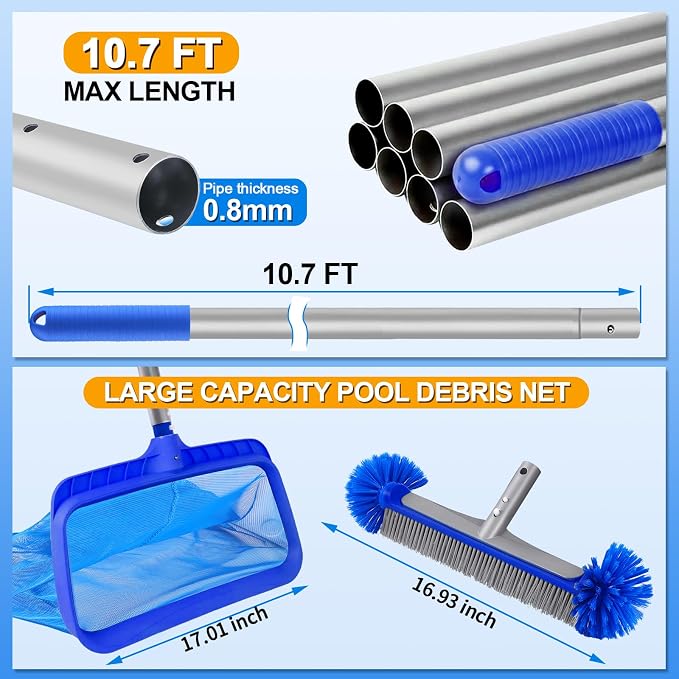Heavy Duty Pool Cleaning Kit with Aluminum Pole, Wall Brush & Leaf Skimmer | 10.5FT Telescoping Pole, 17" Nylon Bristle Brush, Leaf Rake, Handheld Sponge brush, Fits Inground & Above Ground Pools