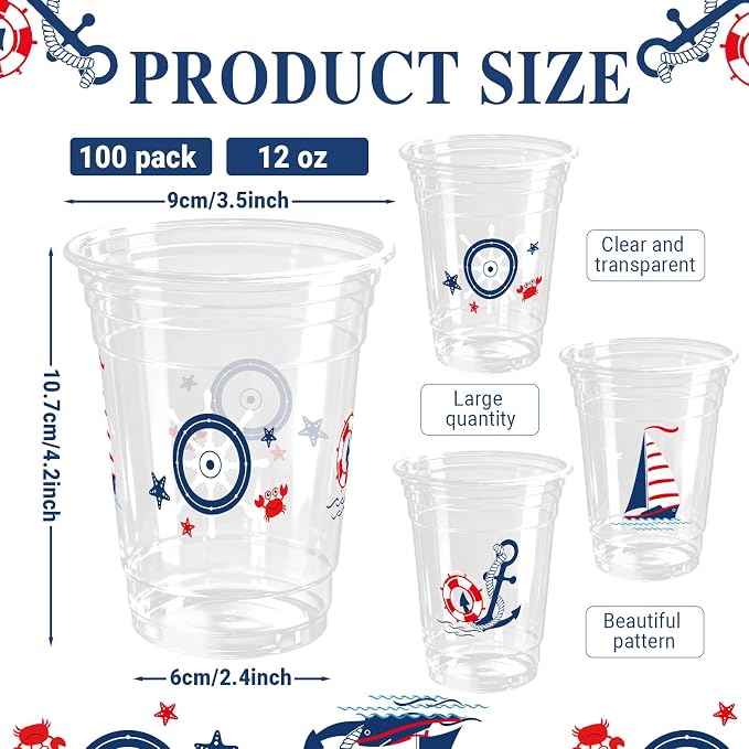 100pcs Nautical Plastic Cups 12 oz Nautical Birthday Clear Cups Navigation Disposable Glasses Blue Sailboat Anchor Lifebuoy Steering Wheel Beverage Glasses for Ocean Birthday Party Supplies