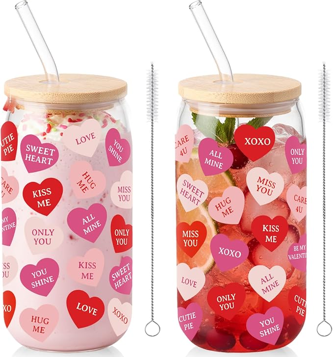 Sliner 2 Pcs Heart Glass Cups Valentines Galentines Day Tumbler 16 oz Iced Coffee Cup Drinking Glasses with Lid Straw Cute Beer Can Tumbler Holiday Gifts for Home Office Decorations