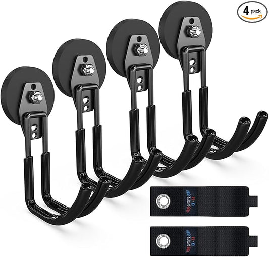 3-H Extra Strong Magnetic Hooks,Heavy Duty Large Anti-Slip Magnet Hooks J Shape,No-Drill Tool Holder for Garage,Power Drill,Garden Tools,Hose Storage,4 Pack Black