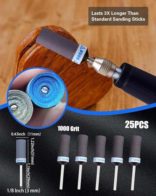 1000 Grit Sanding Drums for Dremel Rotary Tools Accessories, 25PCS Sanding Bits Kit for Dremel Sanding Bands with 1/8 inch Shank, Sandpaper Sticks Set for Plastic Wood Metal Grinding Polishing