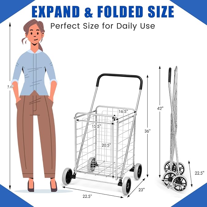 IRONMAX Grocery Shopping Cart, Foldable Heavy Duty Utility Cart w/Large Wheels for Easy Installation and Removal, Lightweight Trolley Cart for Grocery Laundry Luggage (Sliver)
