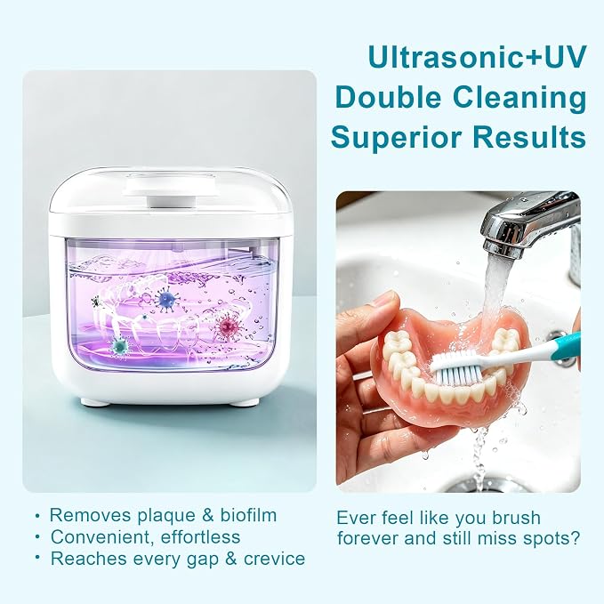 Ultrasonic Retainer Cleaner Machine for Dentures, 350ml Denture Cleaner with Wide Opening Tank for Clear Aligners, Mouth Guards & Dental Appliances, Removes Stains & Buildup, 5 Cleaning Modes