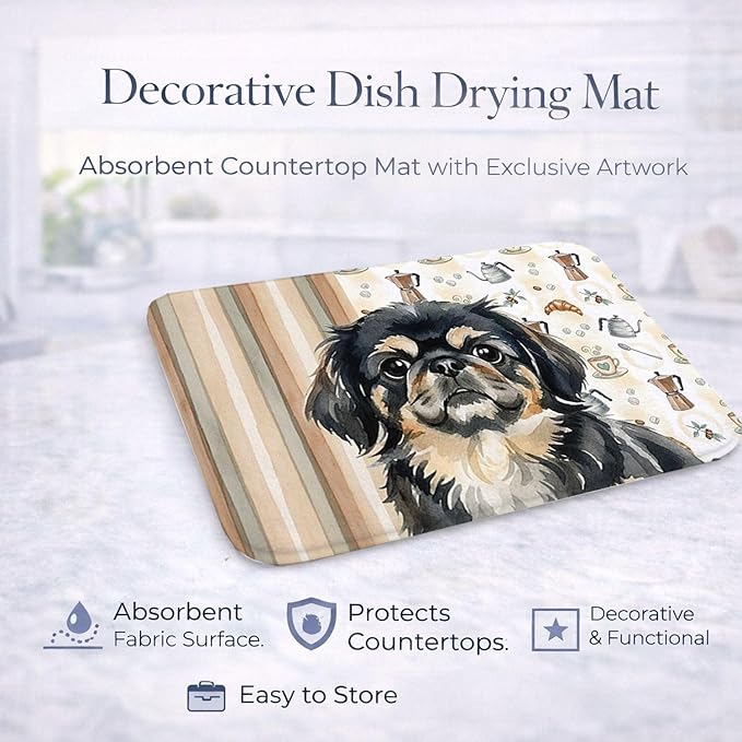 Caroline's Treasures Black and Tan Pekingese Coffee Bar Dish Drying Mat Absorbent Dish Drying Mat Pad for Kitchen Counter Dish Drainer Mat for Countertop, 14 x 21", Multicolor